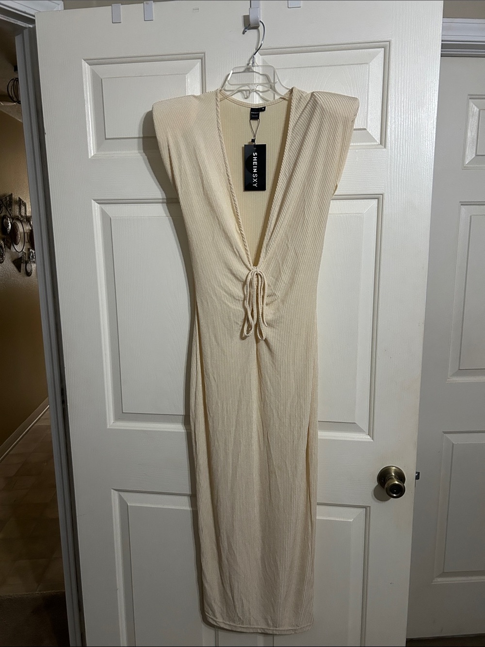 SHEIN Cream Ribbed Deep V Tie Midi Dress